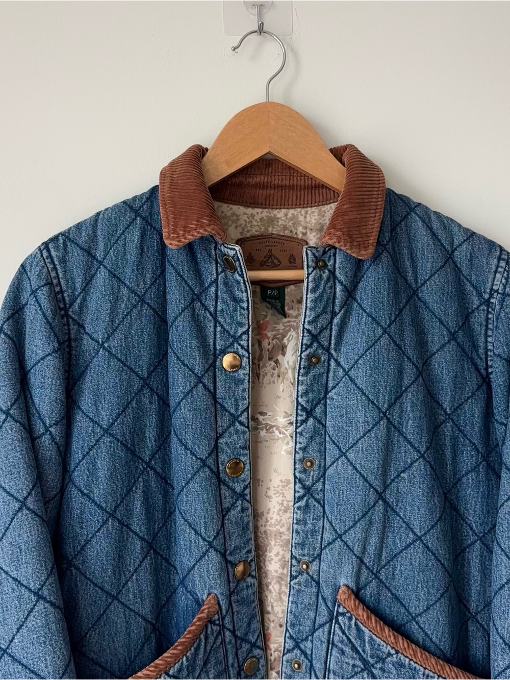 Vintage Lauren Ralph Lauren Quilted Denim Barn Coat Size P Corduroy Chore Lined - Picture 4 of 14